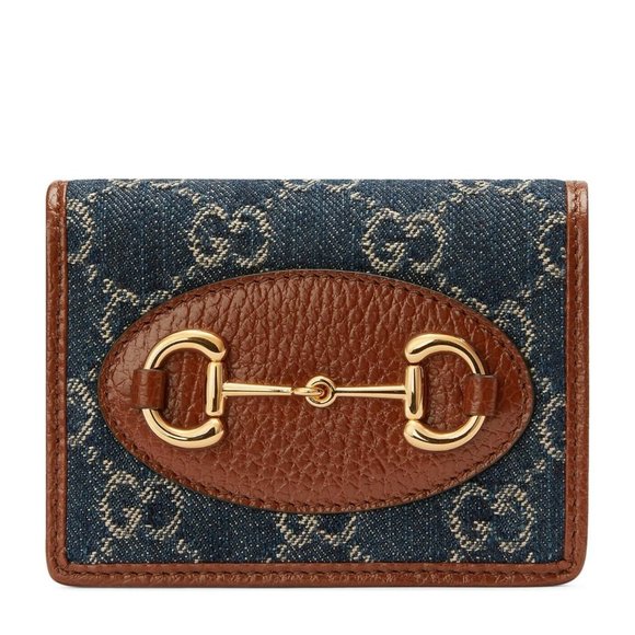 Gucci Horsebit 1955 GG Card Case Wallet Brown Leather Denim Italy New - Picture 1 of 6